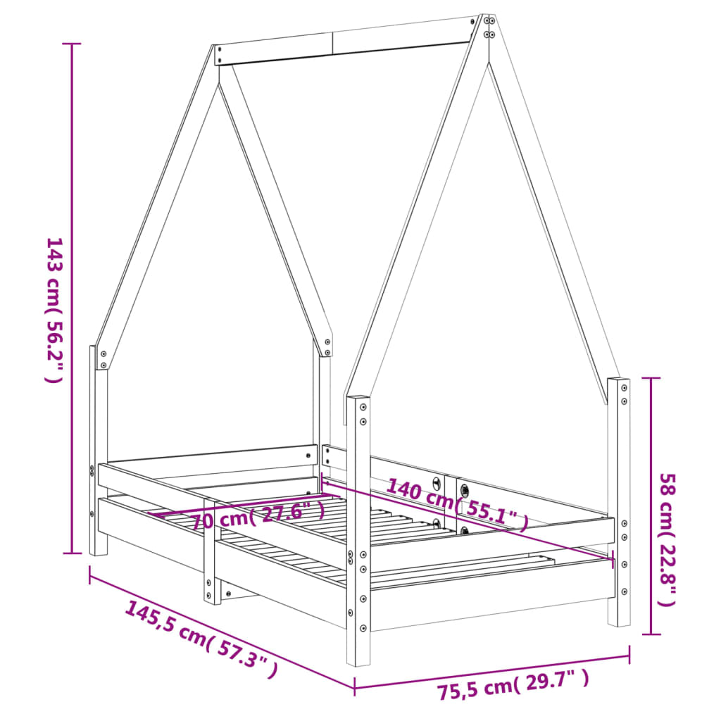 Kids Bed Frame White 70x140 cm Solid Wood Pine