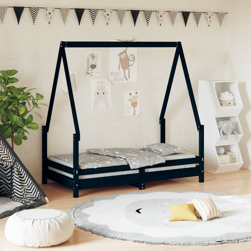 Kids Bed Frame Black 70x140 cm Solid Wood Pine