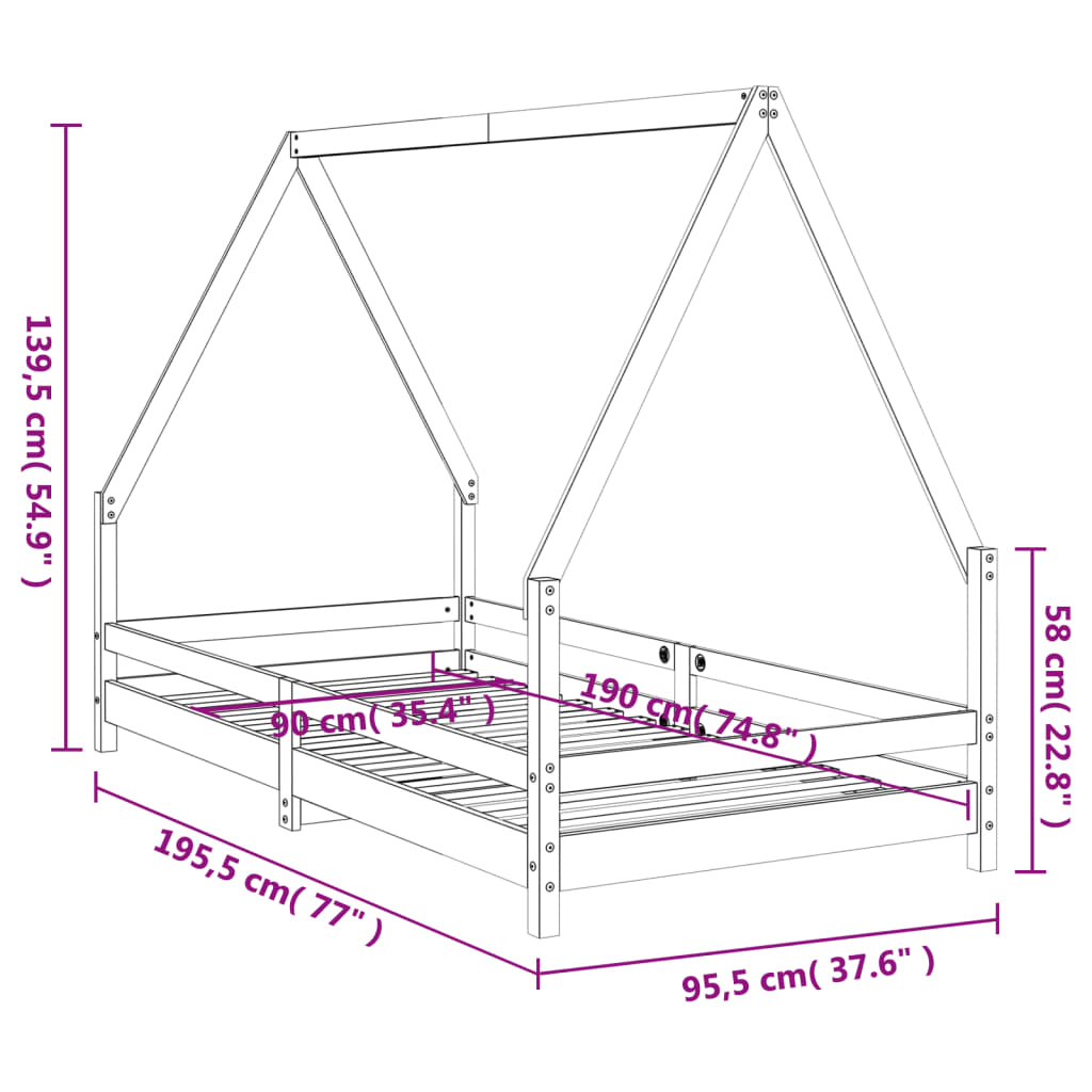 Kids Bed Frame Black 90x190 cm Solid Wood Pine