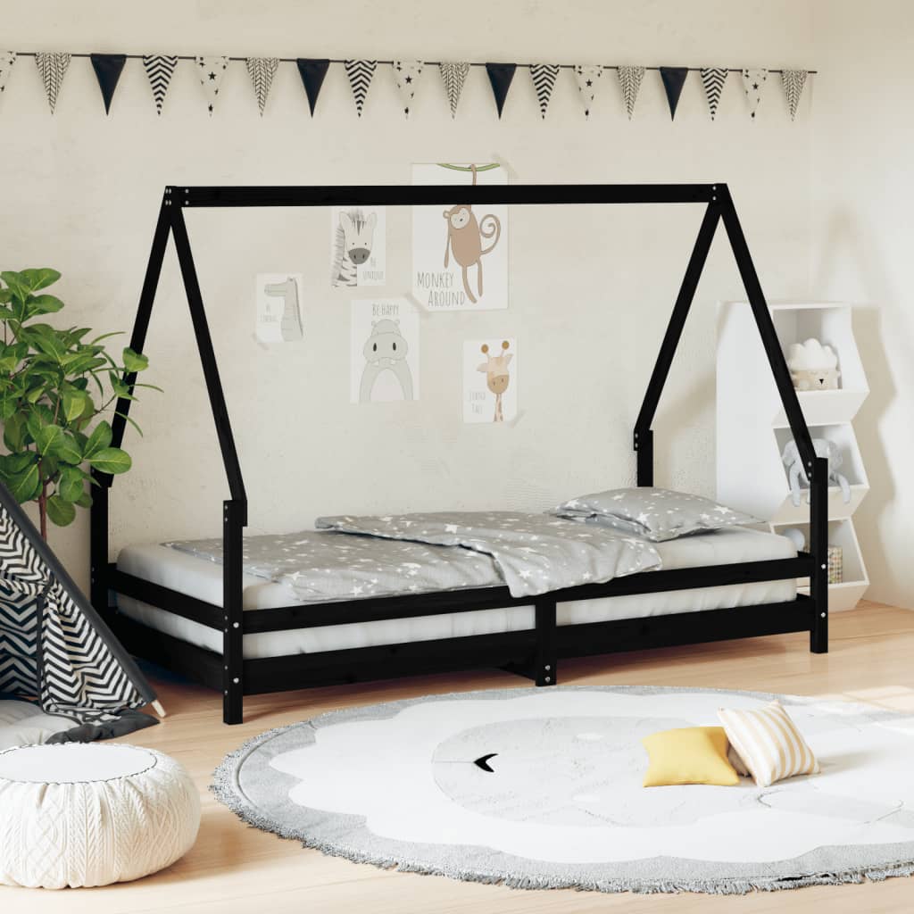 Kids Bed Frame Black 90x190 cm Solid Wood Pine