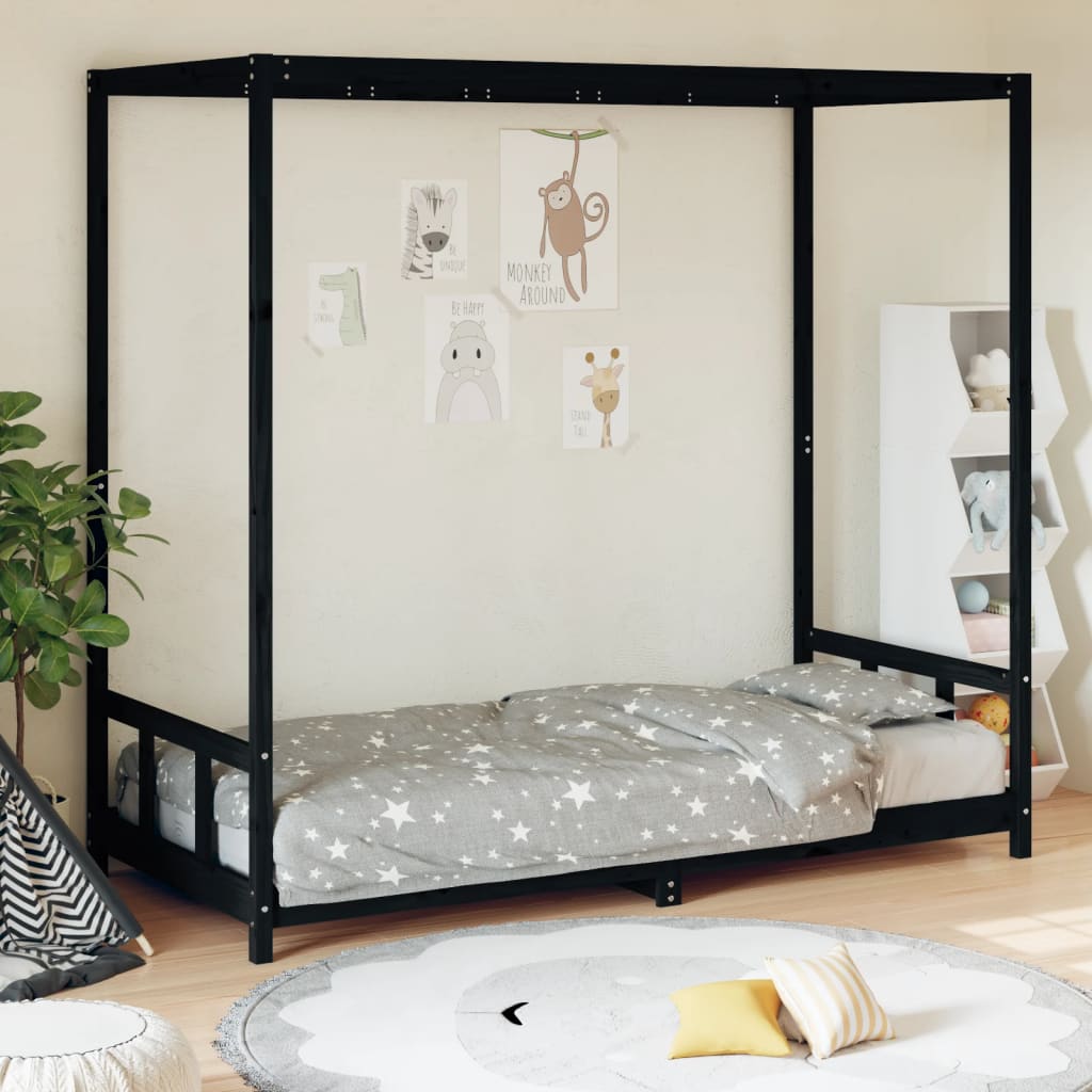 Kids Bed Frame Black 90x200 cm Solid Wood Pine