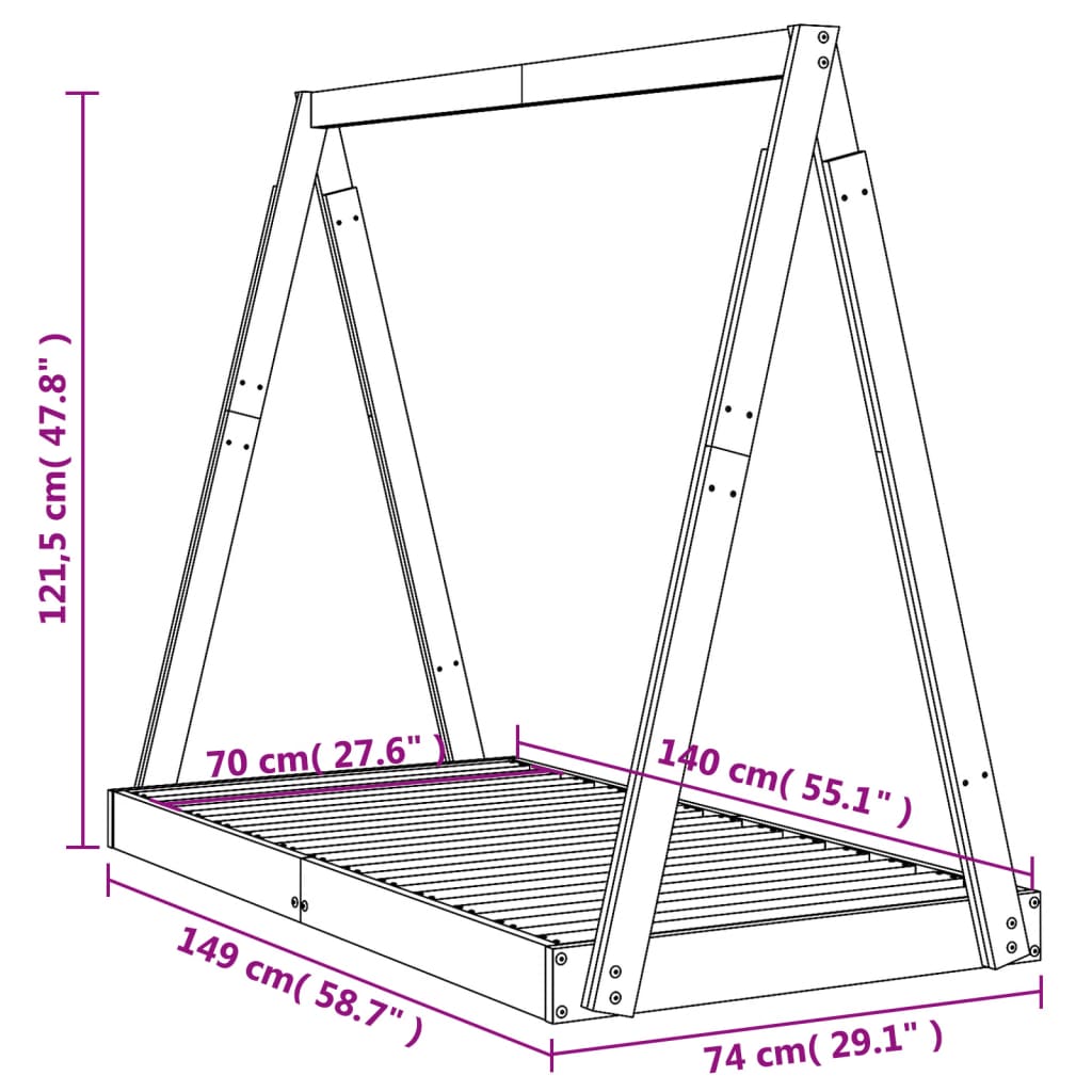 Kids Bed Frame Black 70x140 cm Solid Wood Pine