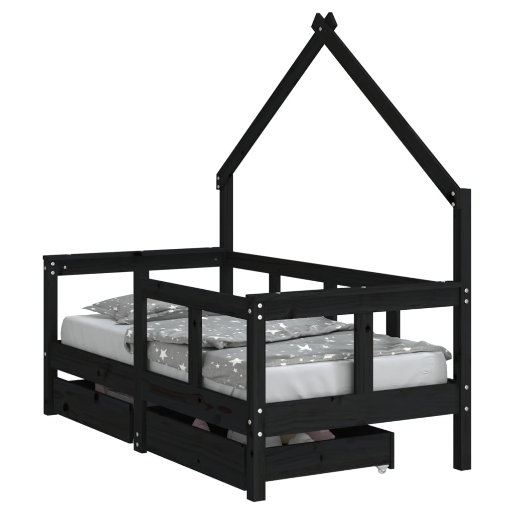 Kids Bed Frame with Drawers Black 70x140 cm Solid Wood Pine