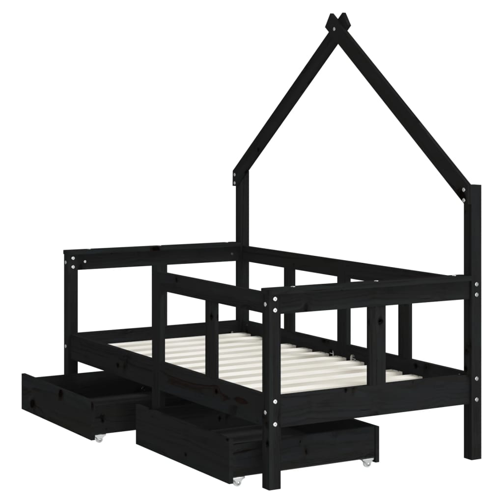 Kids Bed Frame with Drawers Black 70x140 cm Solid Wood Pine