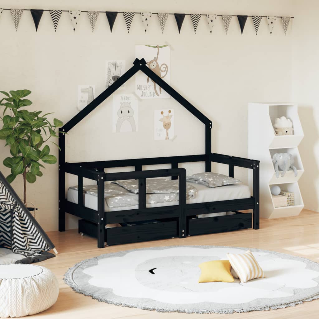 Kids Bed Frame with Drawers Black 70x140 cm Solid Wood Pine