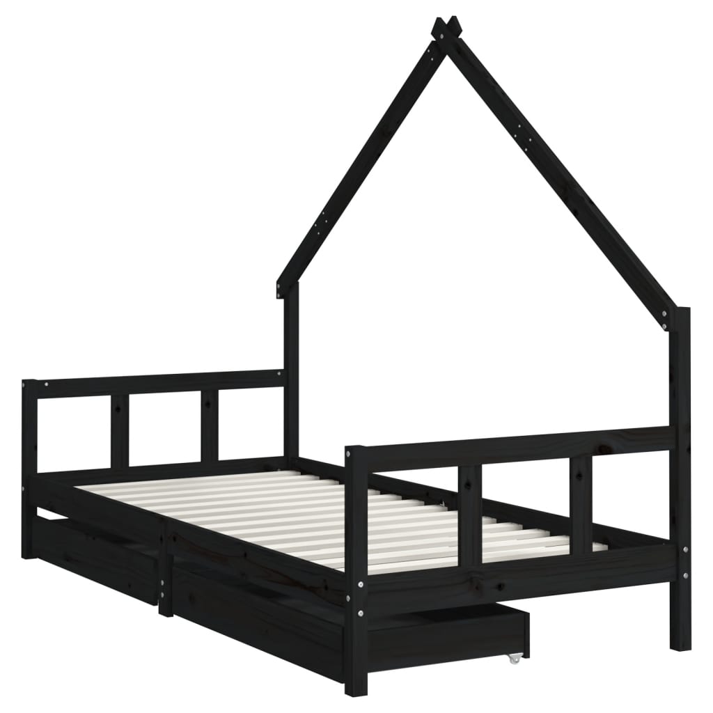 Kids Bed Frame with Drawers Black 90x190 cm Solid Wood Pine