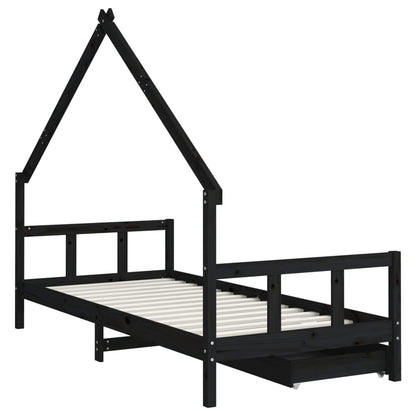 Kids Bed Frame with Drawers Black 90x190 cm Solid Wood Pine