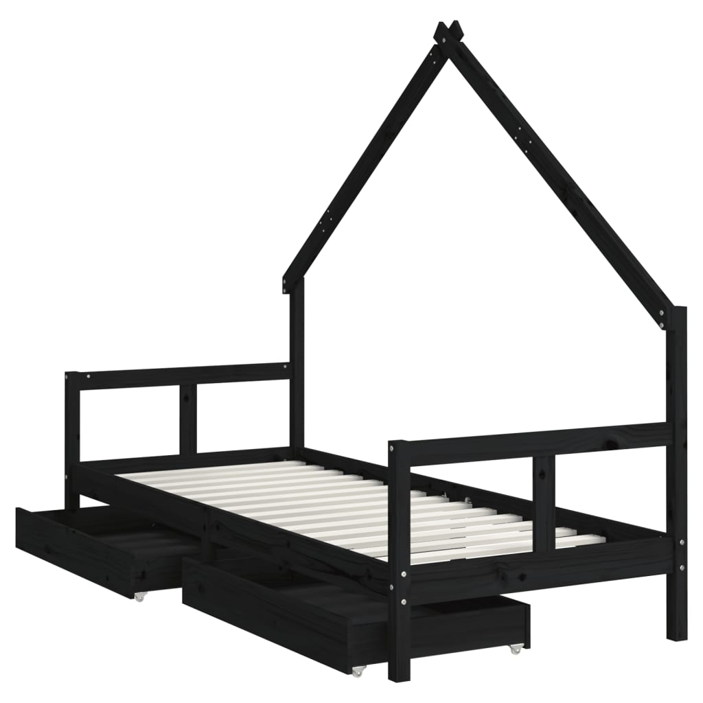 Kids Bed Frame with Drawers Black 80x200 cm Solid Wood Pine