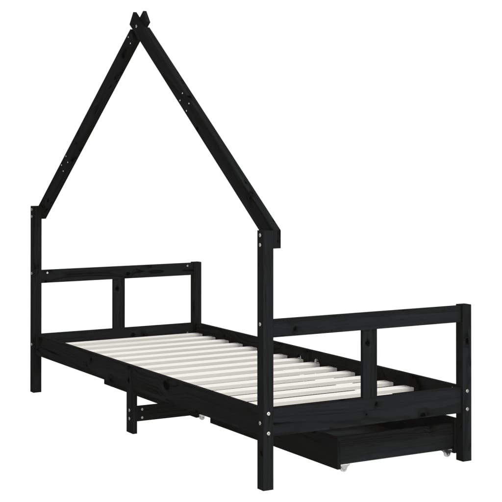 Kids Bed Frame with Drawers Black 80x200 cm Solid Wood Pine