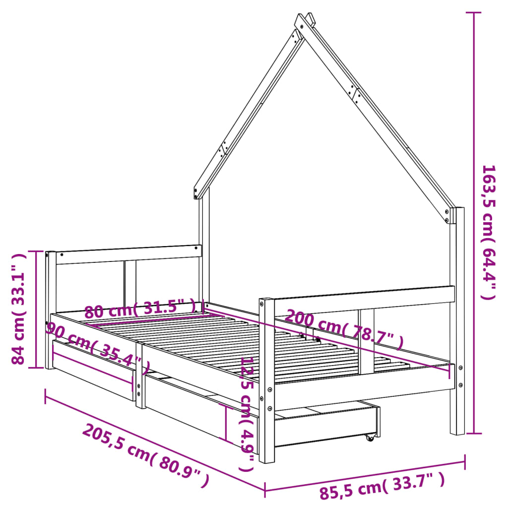 Kids Bed Frame with Drawers Black 80x200 cm Solid Wood Pine