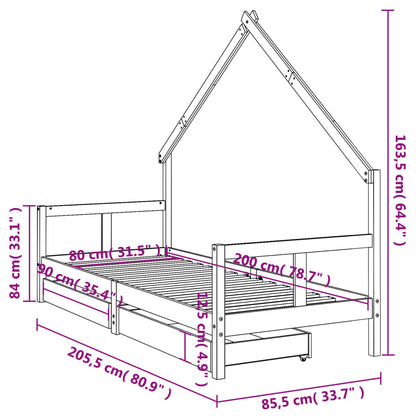 Kids Bed Frame with Drawers Black 80x200 cm Solid Wood Pine