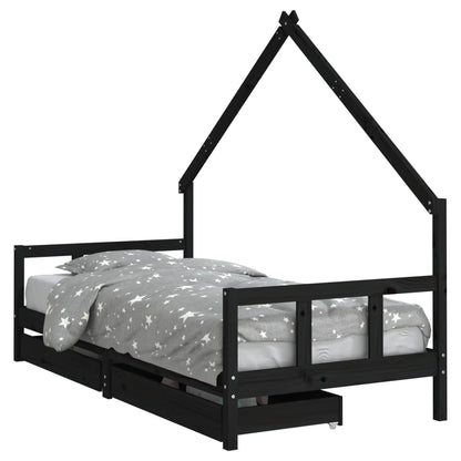 Kids Bed Frame with Drawers Black 90x200 cm Solid Wood Pine