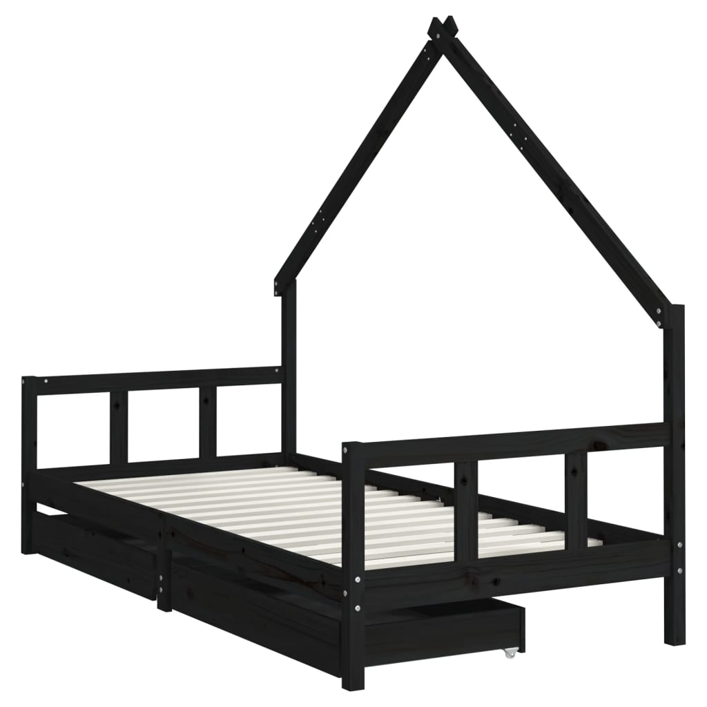 Kids Bed Frame with Drawers Black 90x200 cm Solid Wood Pine