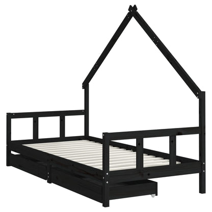 Kids Bed Frame with Drawers Black 90x200 cm Solid Wood Pine