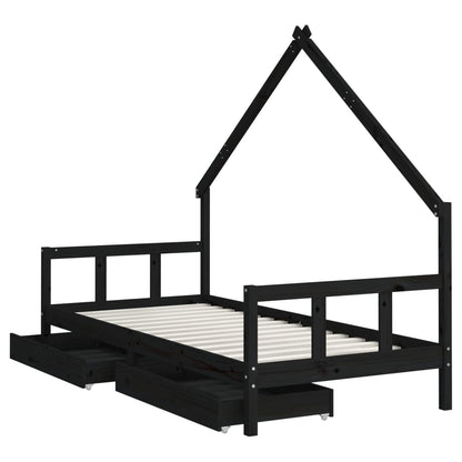 Kids Bed Frame with Drawers Black 90x200 cm Solid Wood Pine