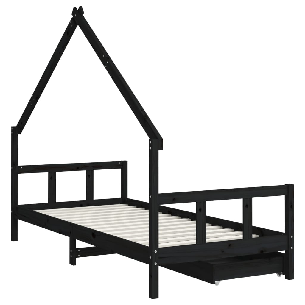 Kids Bed Frame with Drawers Black 90x200 cm Solid Wood Pine