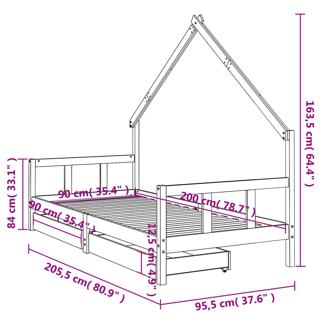 Kids Bed Frame with Drawers Black 90x200 cm Solid Wood Pine