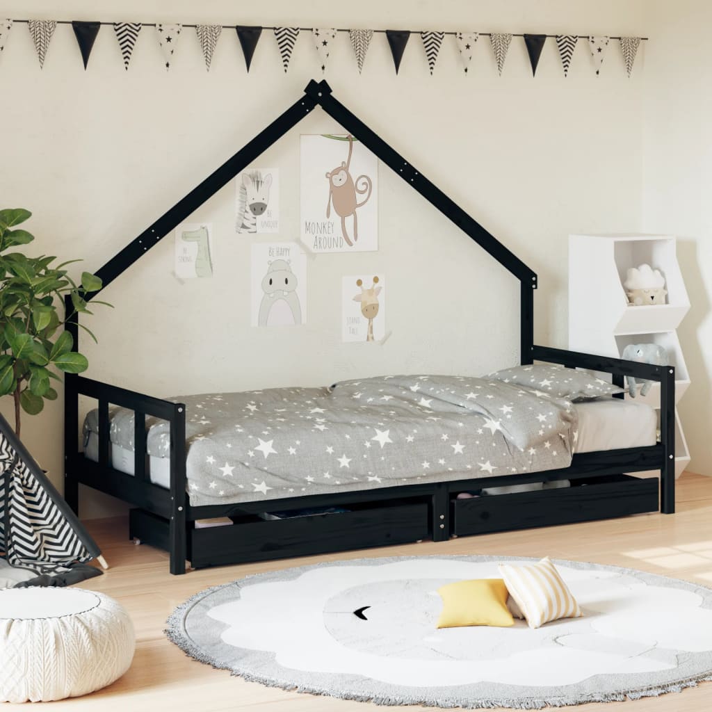 Kids Bed Frame with Drawers Black 90x200 cm Solid Wood Pine