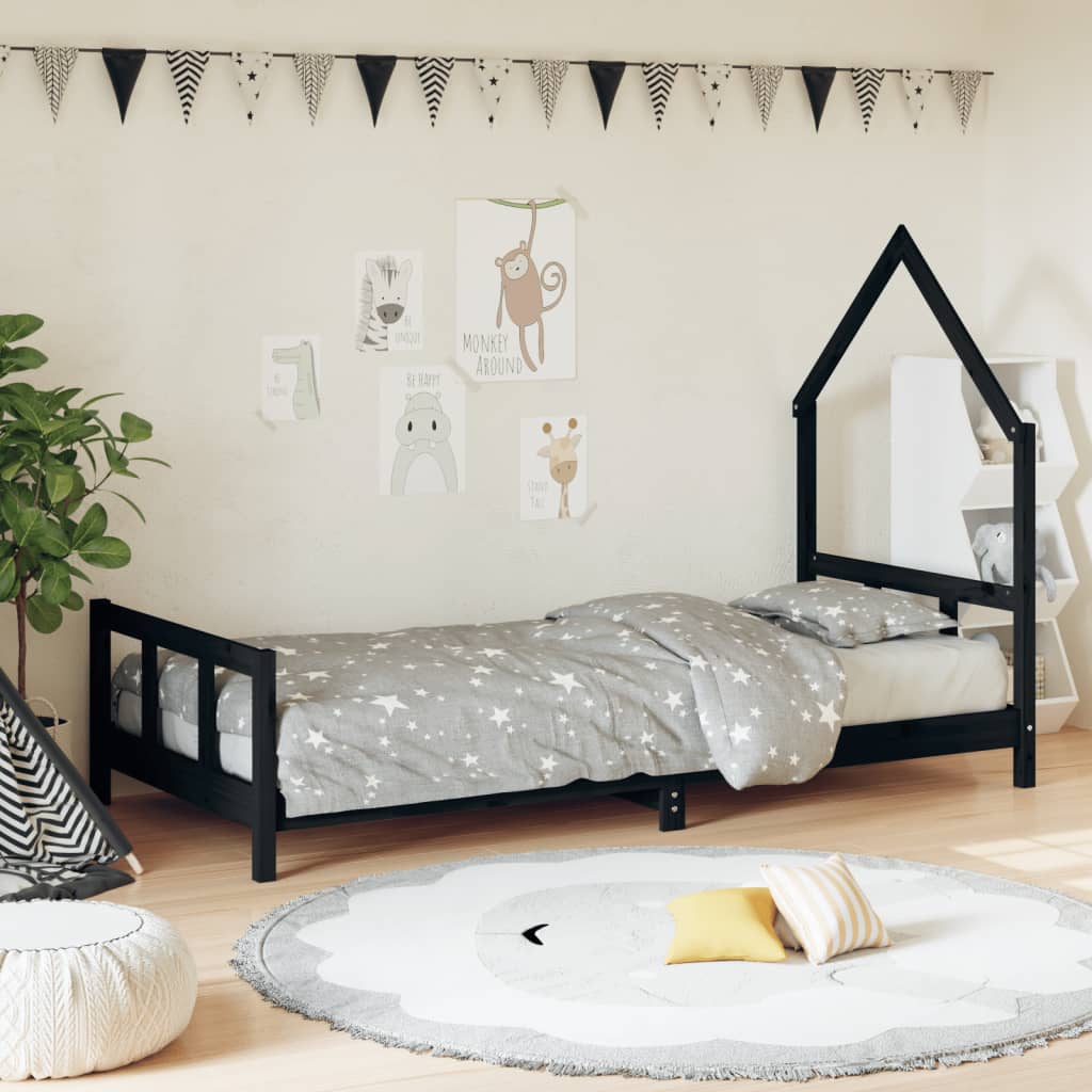 Kids Bed Frame Black 90x190 cm Solid Wood Pine