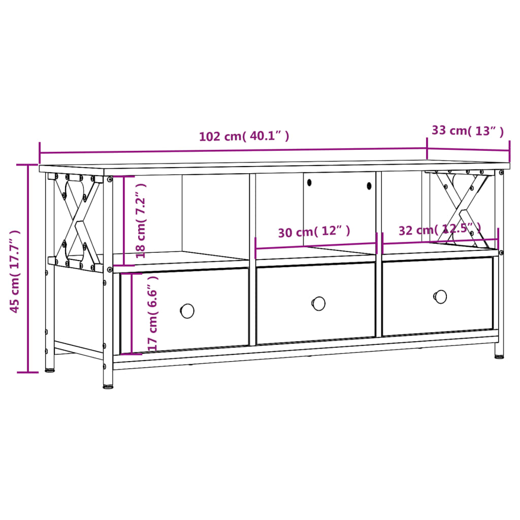 TV Cabinet Sonoma Oak 102x33x45 cm Engineered Wood&Iron