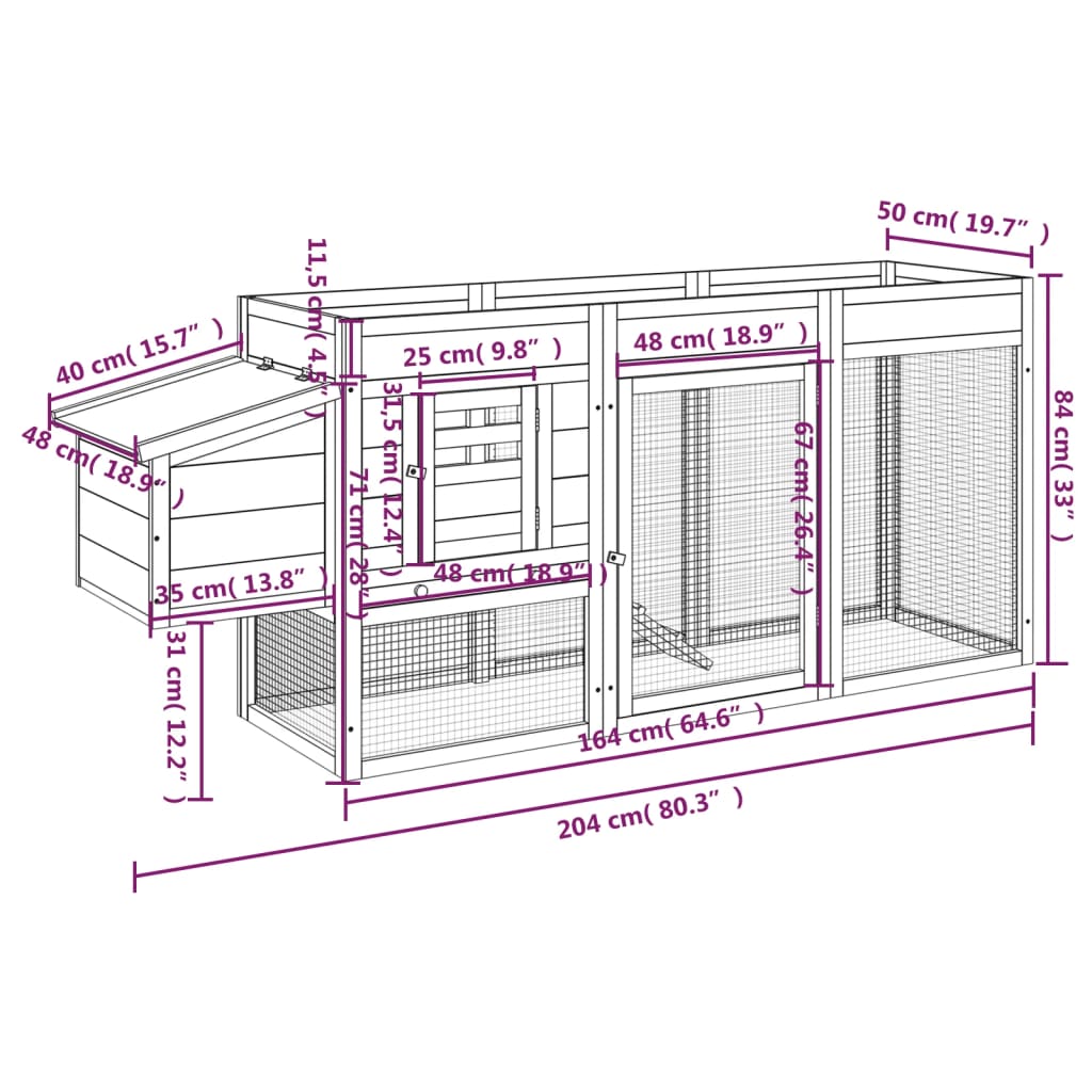 Chicken Coop Red 204x50x84 cm Solid Wood Pine