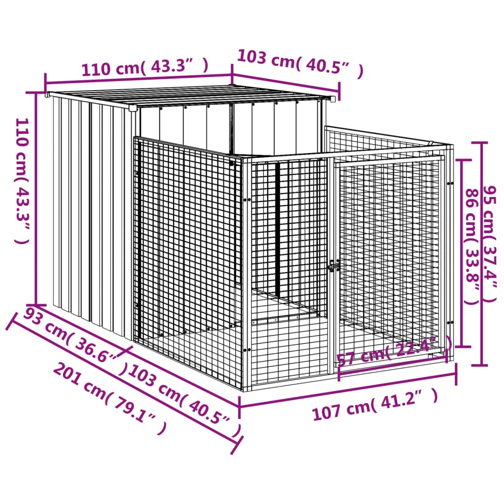 Dog House with Run Light Grey 110x201x110 cm Galvanised Steel