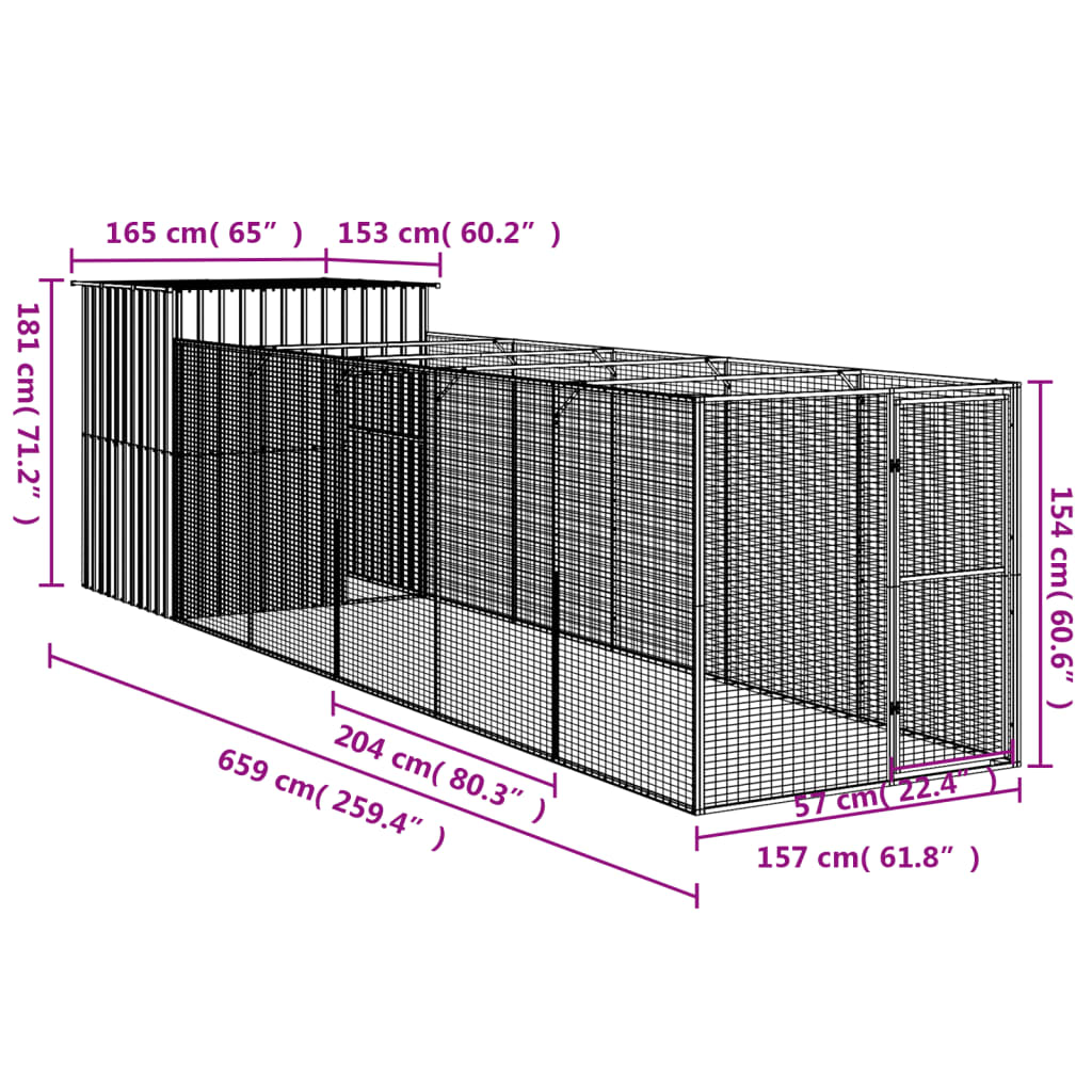 Dog House with Run Anthracite 165x659x181 cm Galvanised Steel