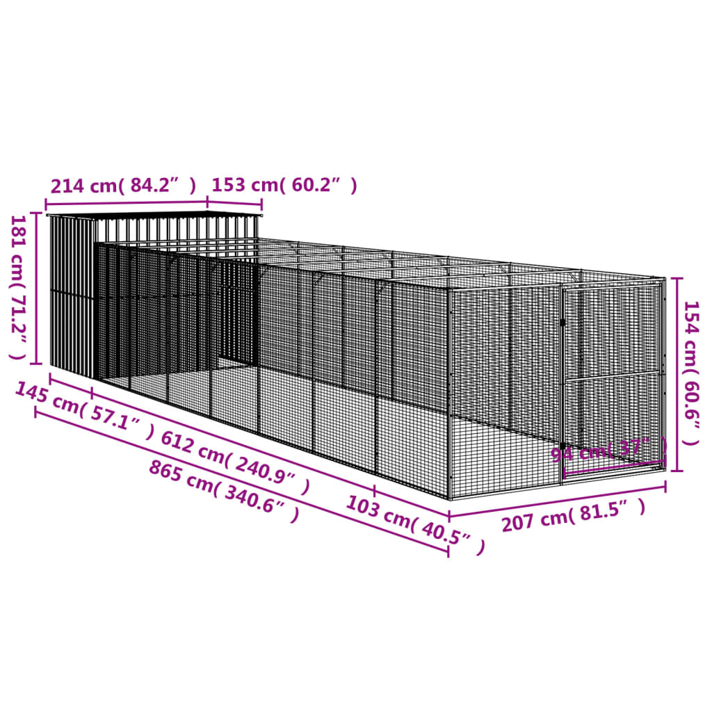 Dog House with Run Anthracite 214x865x181 cm Galvanised Steel