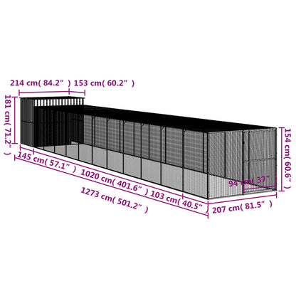 Dog House with Run Light Grey 214x1273x181 cm Galvanised Steel