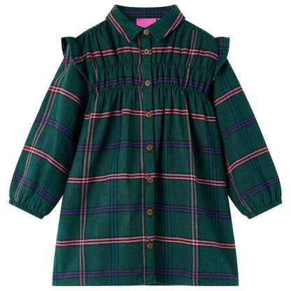 Kids' Dress with Long Sleeves and Ruffles Dark Green 104