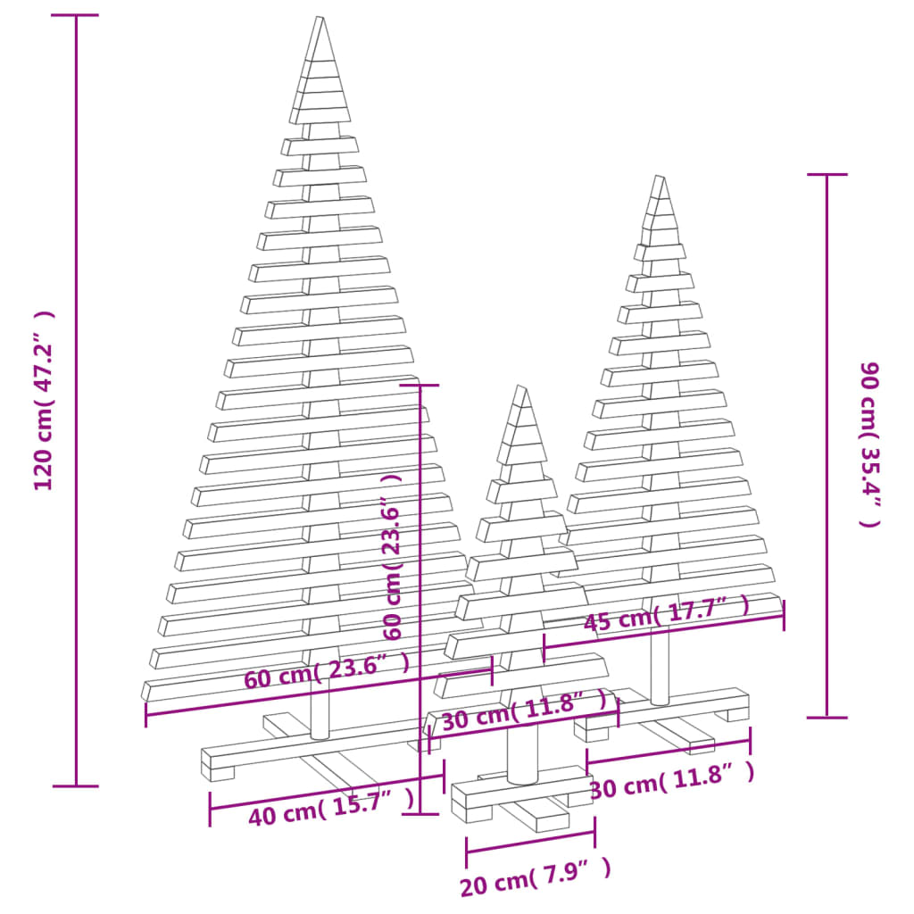 Wooden Christmas Trees for Decoration 3 pcs Solid Wood Pine