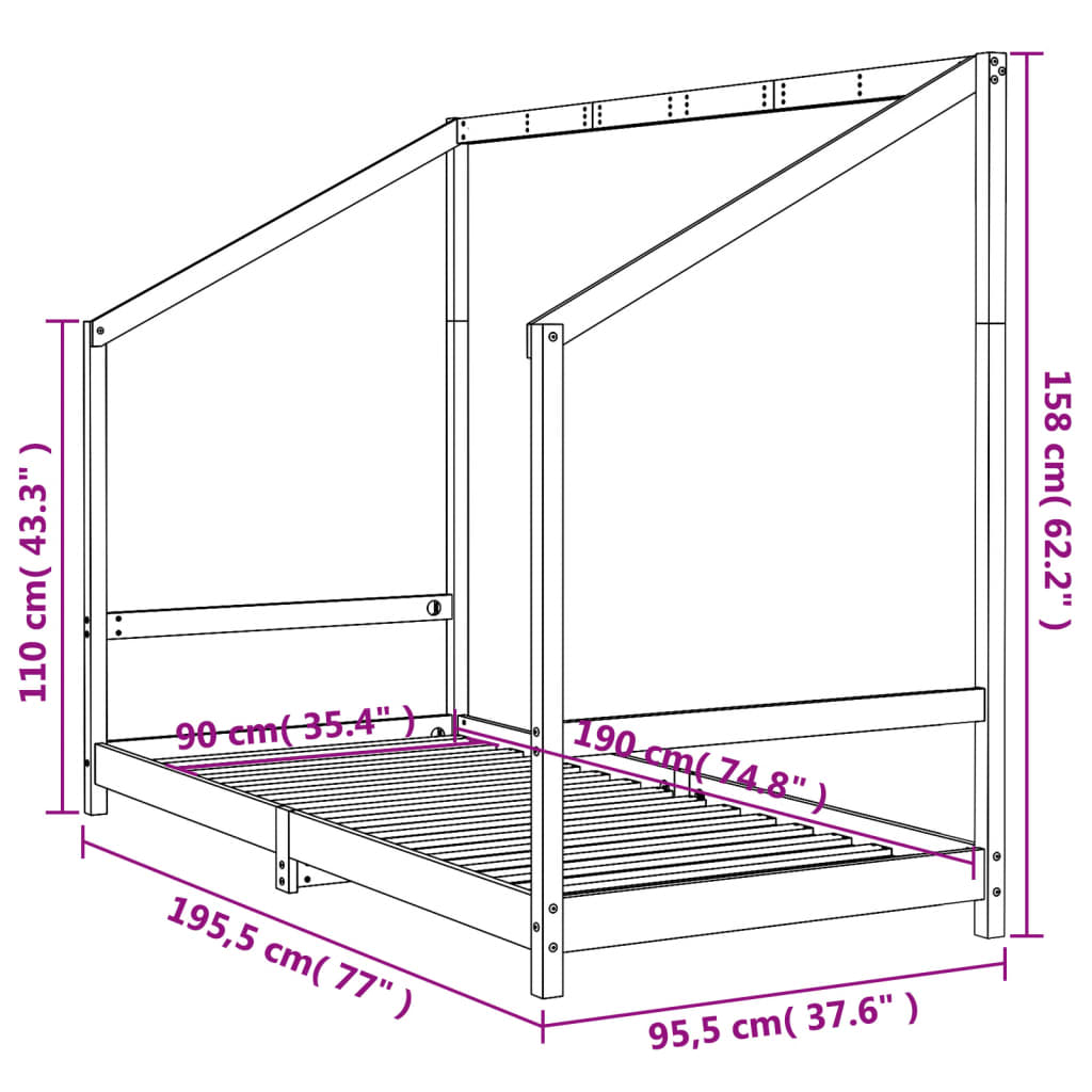 Kids Bed Frame 90x190 cm Solid Wood Pine