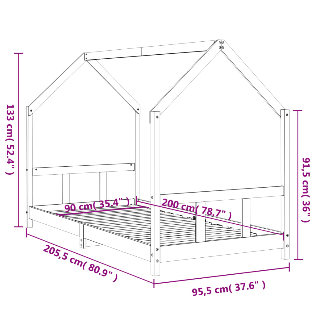 Kids Bed Frame 90x200 cm Solid Wood Pine