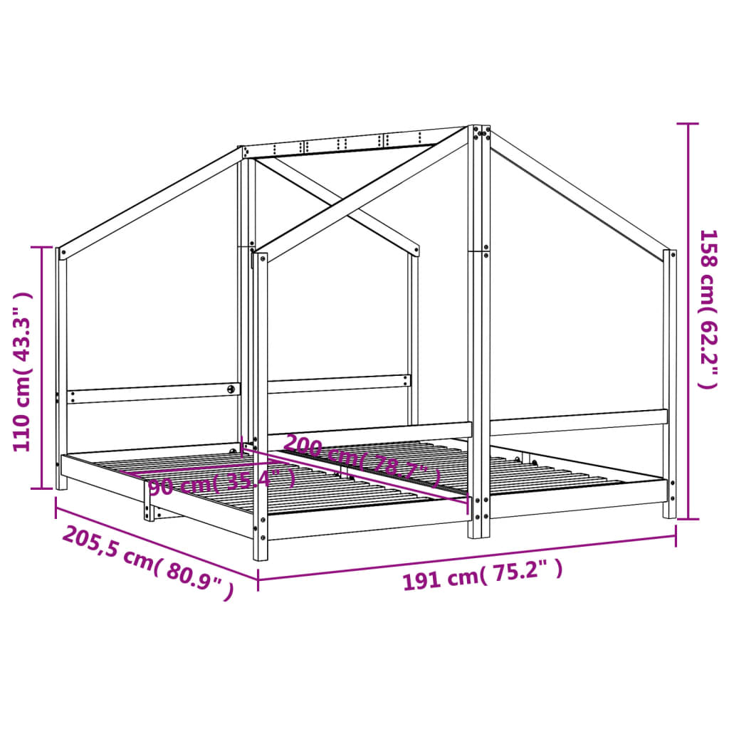 Kids Bed Frame Black 2x(90x200) cm Solid Wood Pine