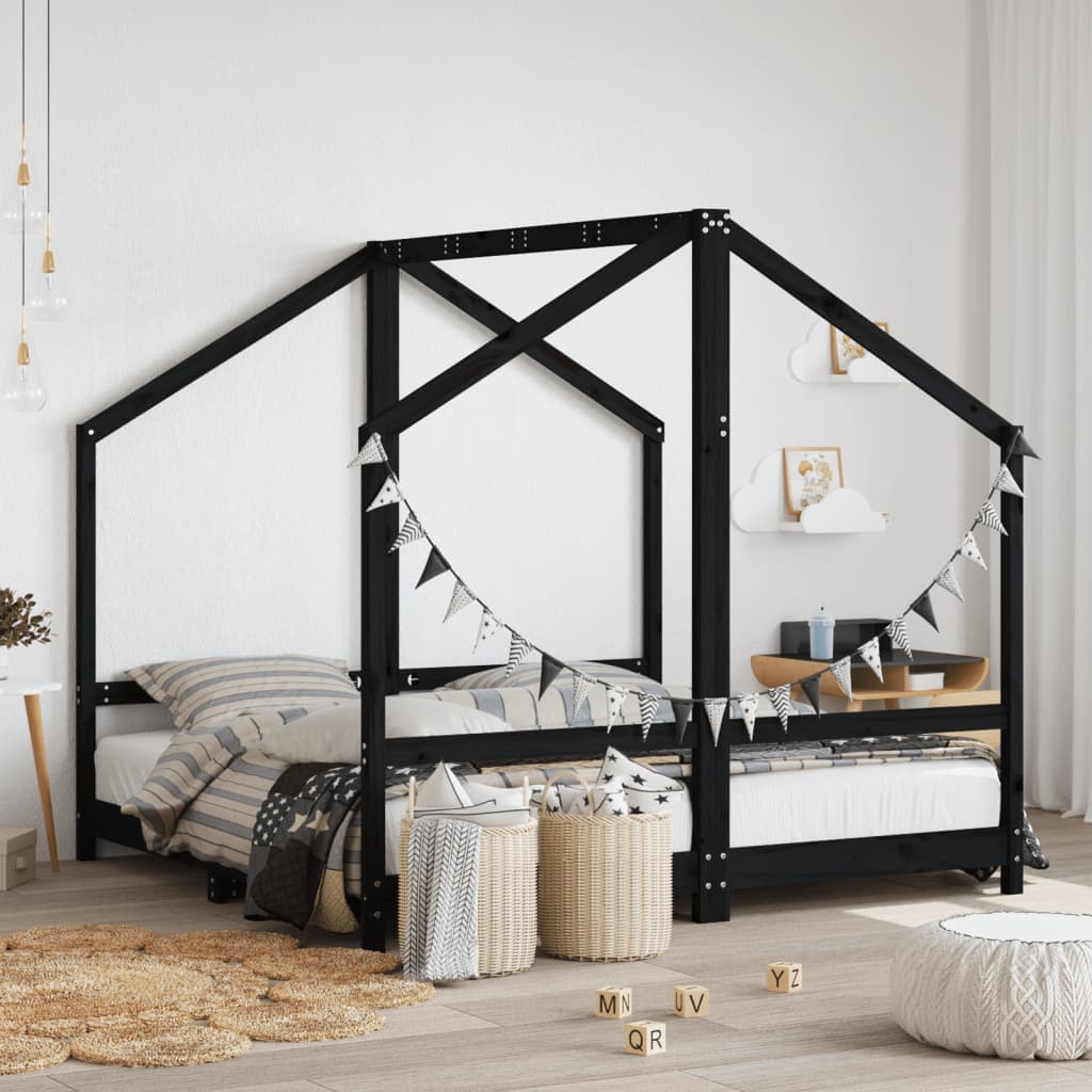 Kids Bed Frame Black 2x(80x160) cm Solid Wood Pine