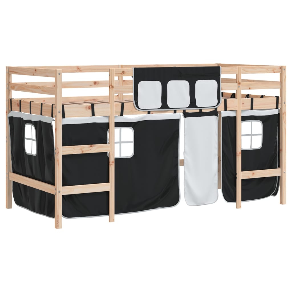 Kids' Loft Bed with Curtains White&Black 80x200cm Solid Wood Pine