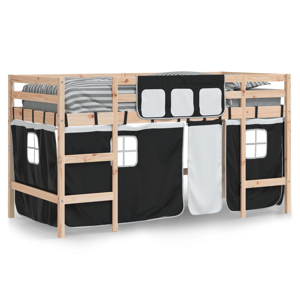 Kids' Loft Bed with Curtains White&Black 80x200cm Solid Wood Pine