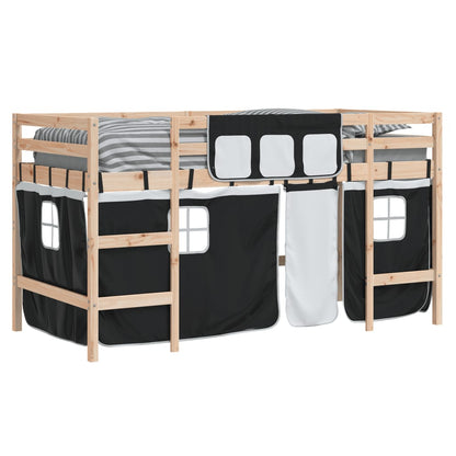 Kids' Loft Bed with Curtains White&Black 80x200cm Solid Wood Pine