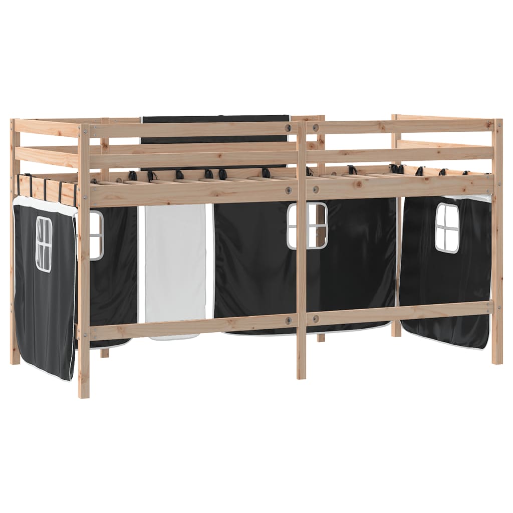 Kids' Loft Bed with Curtains White&Black 80x200cm Solid Wood Pine