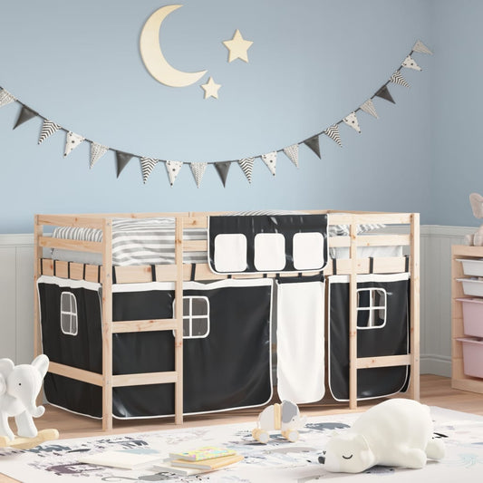 Kids' Loft Bed with Curtains White&Black 80x200cm Solid Wood Pine