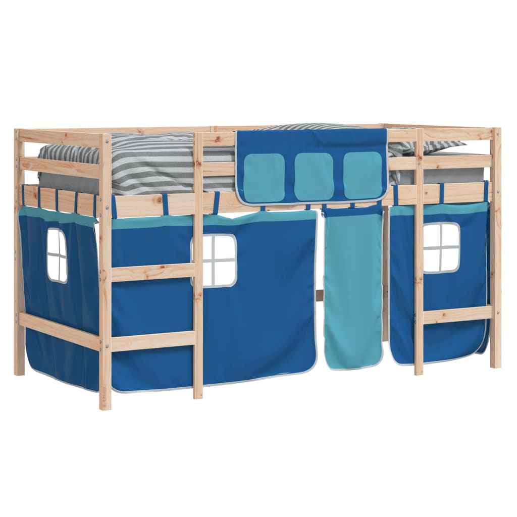 Kids' Loft Bed with Curtains Blue 80x200cm Solid Wood Pine