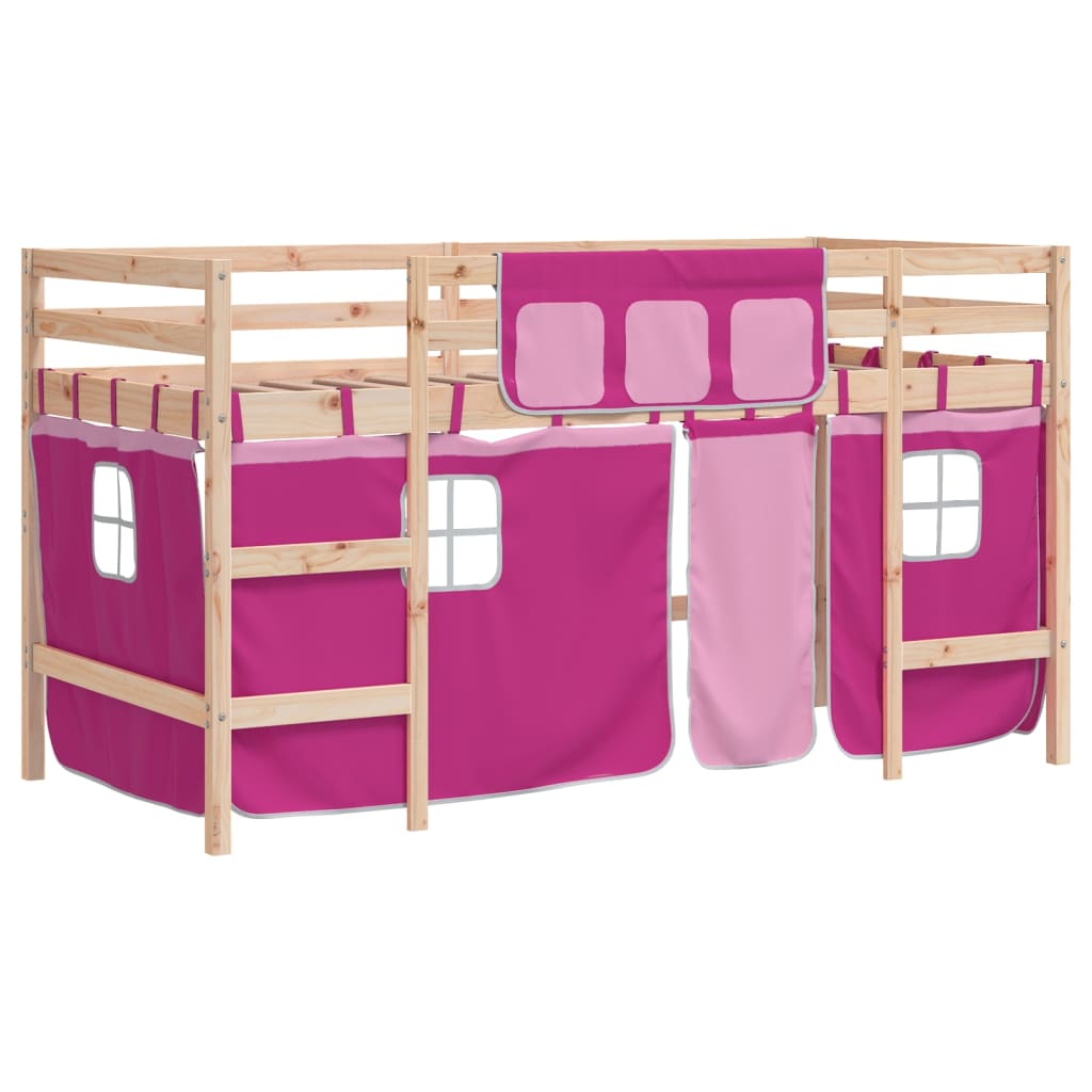 Kids' Loft Bed with Curtains Pink 80x200cm Solid Wood Pine