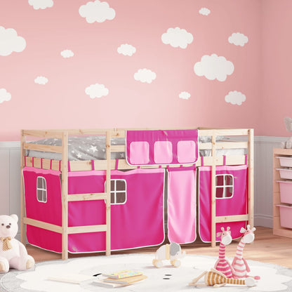 Kids' Loft Bed with Curtains Pink 80x200cm Solid Wood Pine