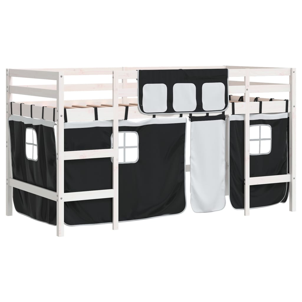 Kids' Loft Bed with Curtains White&Black 80x200cm Solid Wood Pine