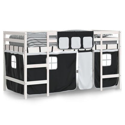 Kids' Loft Bed with Curtains White&Black 80x200cm Solid Wood Pine