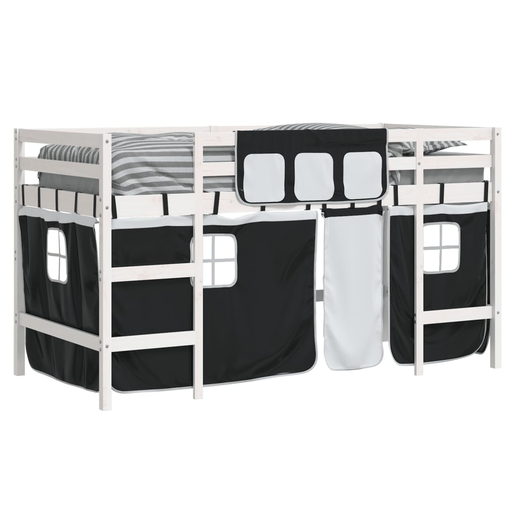 Kids' Loft Bed with Curtains White&Black 80x200cm Solid Wood Pine