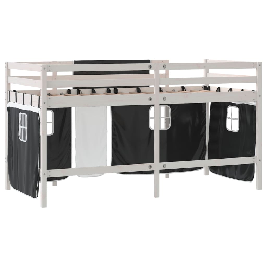 Kids' Loft Bed with Curtains White&Black 80x200cm Solid Wood Pine