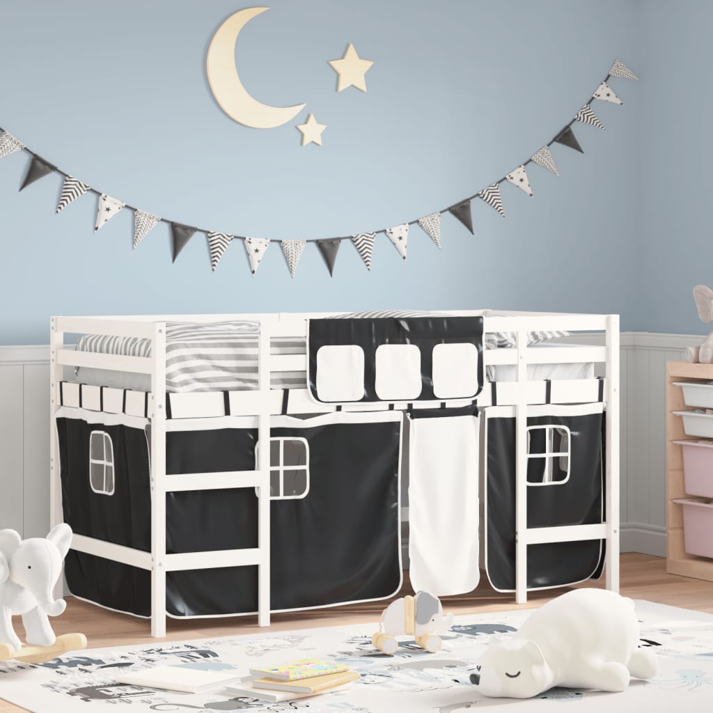 Kids' Loft Bed with Curtains White&Black 80x200cm Solid Wood Pine