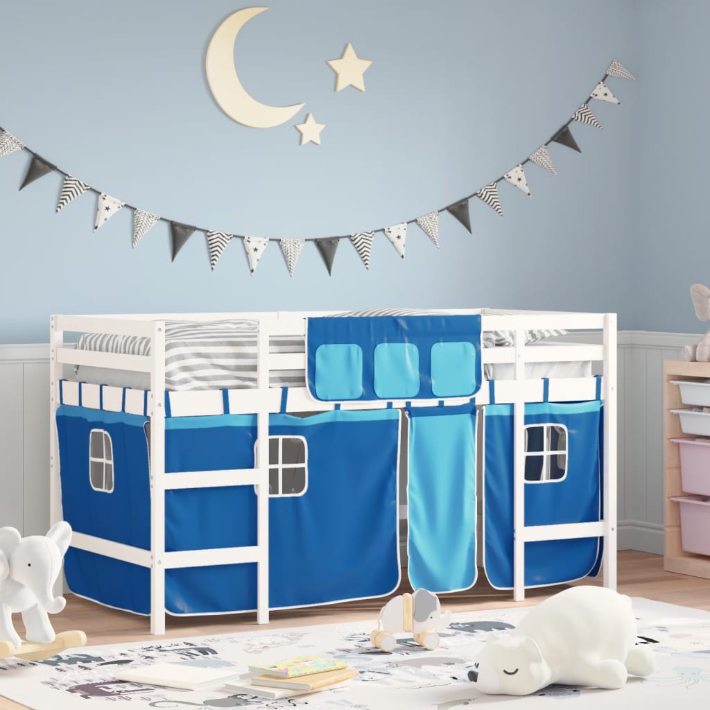 Kids' Loft Bed with Curtains Blue 80x200cm Solid Wood Pine