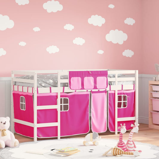 Kids' Loft Bed with Curtains Pink 80x200cm Solid Wood Pine